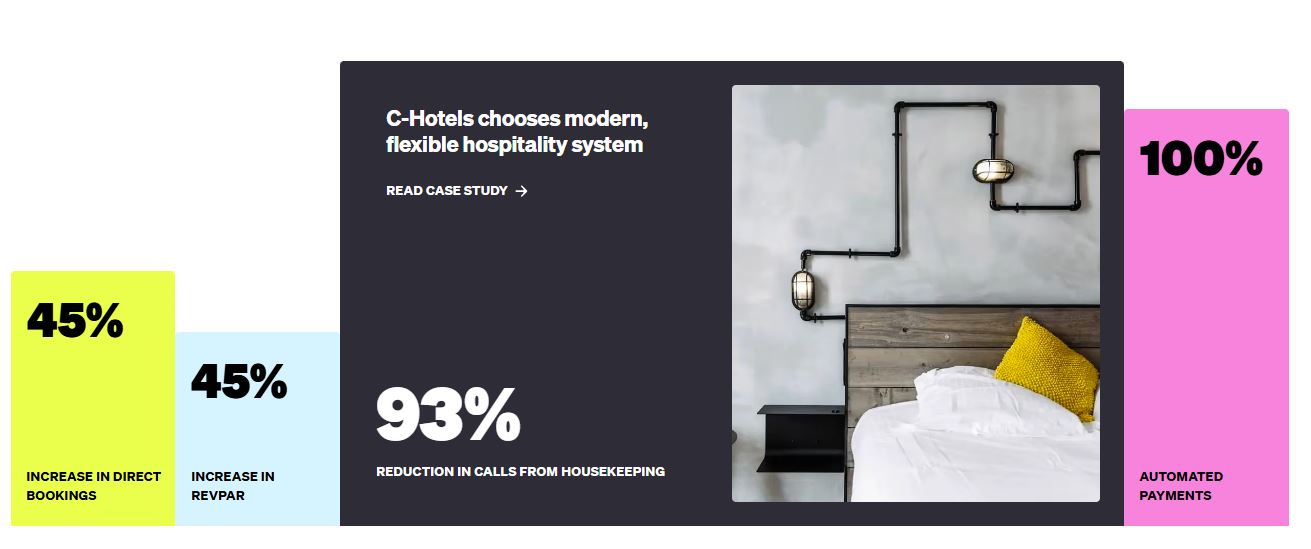 A screencapture of the Mews home page where they use customer stories for building trust in hotel tech