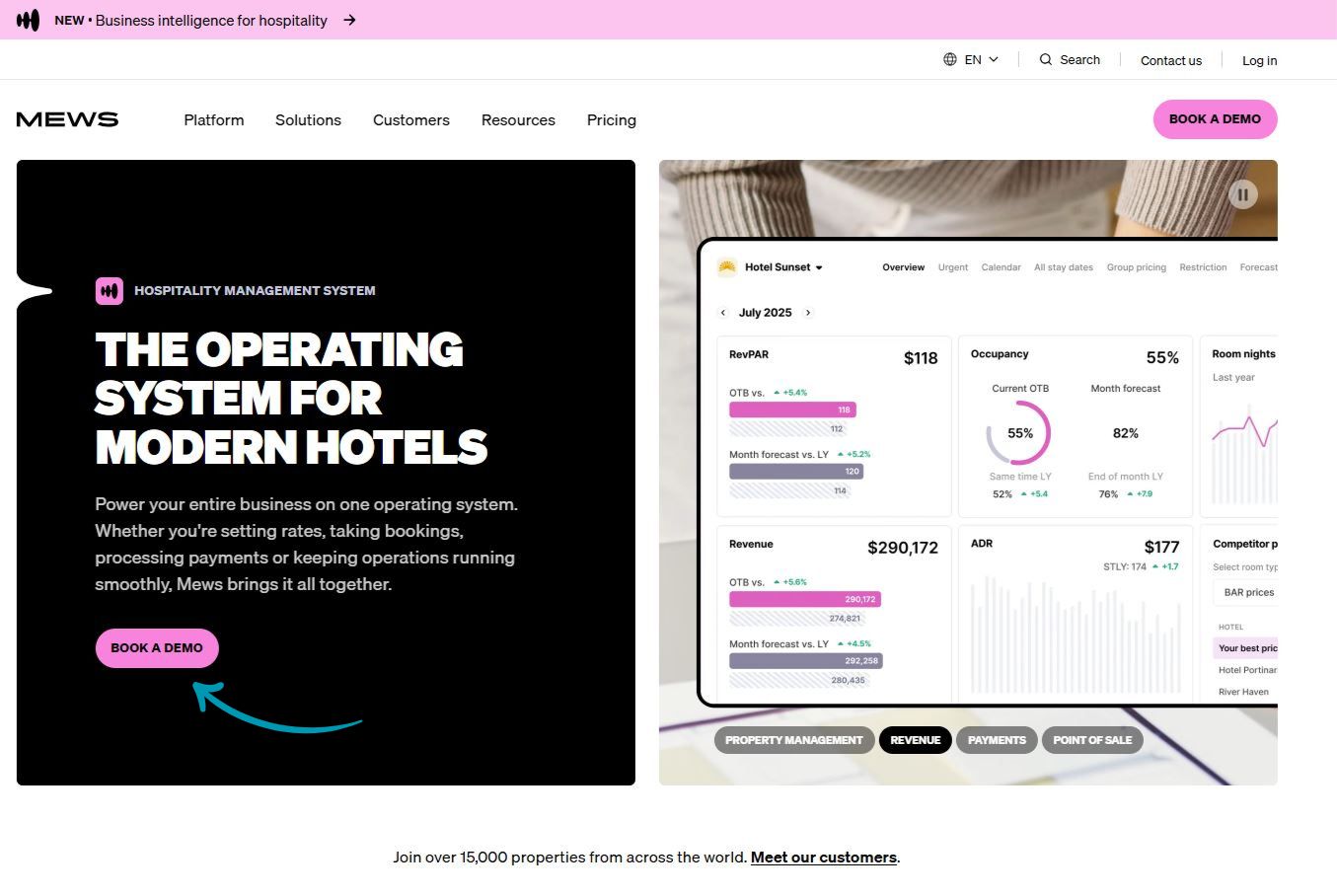 Mews home page single CTA example