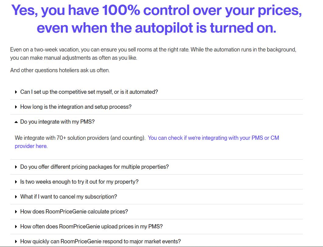 RoomPriceGenie pricing page FAQ section